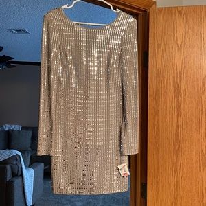 New with tags sparkle/sexy low front, silver dress with liner